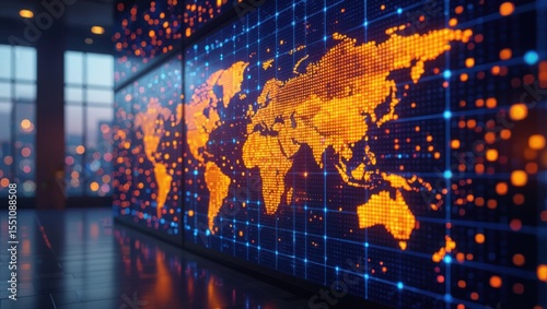 Vibrant digital world map displayed on a large screen in a modern office with city lights in the background