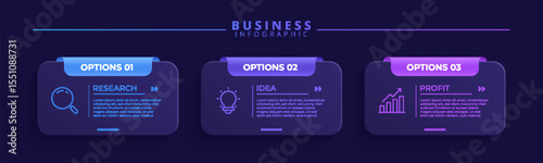 Three step infographic template with icon elements, designed for business and professional use. Ideal for presentations, banners, workflow layouts, process diagrams, flowcharts, and visualizing data