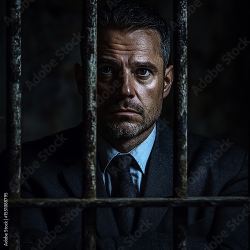 A man in a suit imprisoned in a jail in a dark and gloomy environment. Crimes of tax evasion, money laundering and corruption.  high resolution   for isolate image
