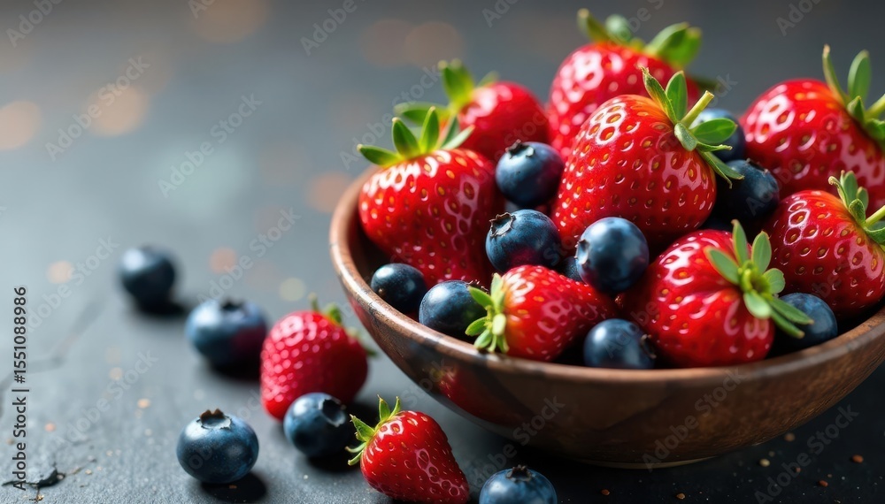 Juicy red strawberries and blueberries in a bowl, ripe, vitamin, summer Juicy red strawberries and blueberries in a bowl, ripe, vitamin, summer