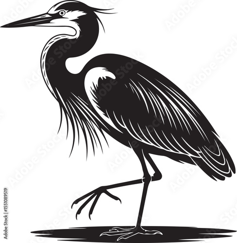 Black heron silhouette for wildlife art, bird vector designs, and nature illustration work