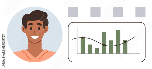 Smiling man alongside a bar and line chart, representing growth, analytics, and trends. Ideal for teamwork, data analysis, education, business growth career progression insights achievement. A