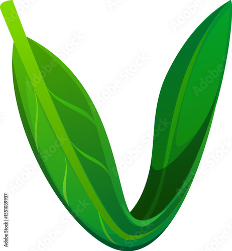 Nature green leaf font letter V. Tree foliage latin typeset element, green leaf cartoon isolated vector kids ABC typeface letter. Environment plant type sign or English alphabet font symbol