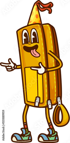 Cartoon groovy school stationery character with funny face, vector comic personage. Groovy school stationery pouch bag character with cool gesture and birthday cap in retro cartoon for student study