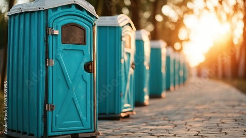 This image captures a row of colorful portable toilets against the backdrop of a sunset, emphasizing both utility and the tranquil beauty of nature in an outdoor setting.
