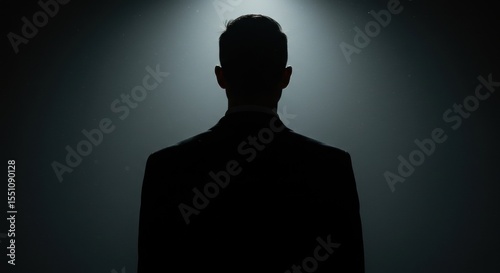 Silhouetted Figure: Backlit Man in Suit, Mystery and Intrigue.