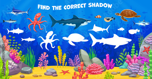 Find correct shadow of sea animals at underwater landscape for kids game, vector worksheet. Cartoon puzzle quiz to find same silhouette of shark fish and funny octopus, turtle and clownfish character