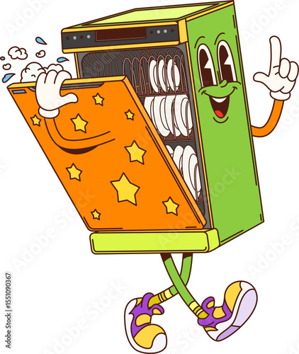 Cartoon groovy dishwasher, furniture character. Household and kitchen appliance, home electronics isolated retro vector cute personage or hippie mascot. Dish washing machine groovy funny character