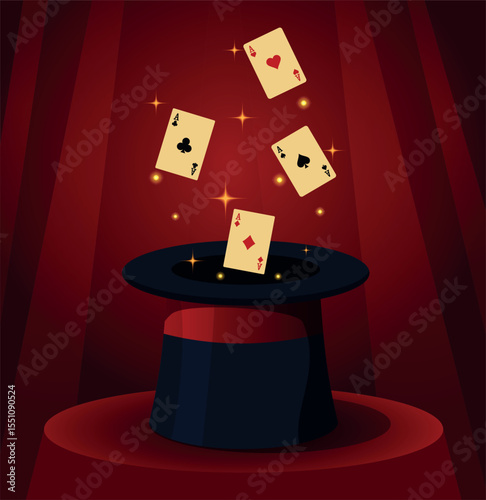 Vector illustration of circus, top hat with glitter and ace cards appearing from it. Magic show. Circus elements and tricks. Use for circus, posters, advertisement, tickets, events, social media.