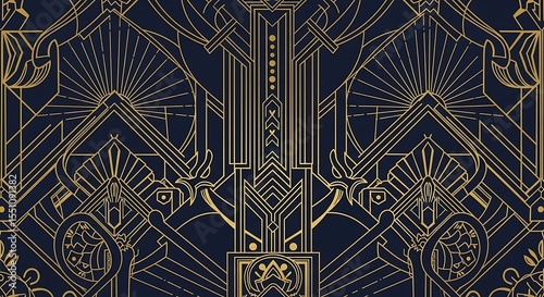 Elegant Art Deco Geometric Pattern Gold and Navy Blue Luxury Design