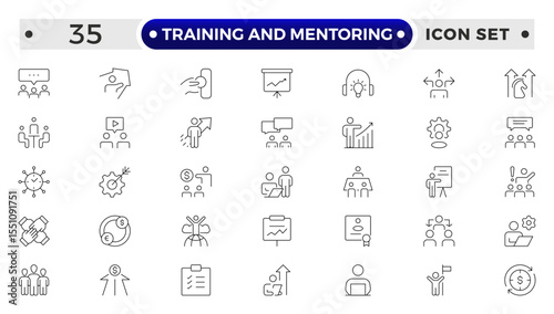 Training and Mentoring Outline icon collection set. Containing development, learning, workshop, coach, mentor, curriculum, seminar icon.