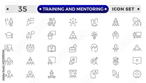 Training and Mentoring Outline icon collection set. Containing development, learning, workshop, coach, mentor, curriculum, seminar icon.