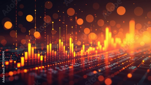 Vibrant orange and yellow bar chart data visualization with bokeh lights and digital grid background