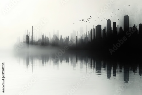 Industrial city skyline reflected in a misty water