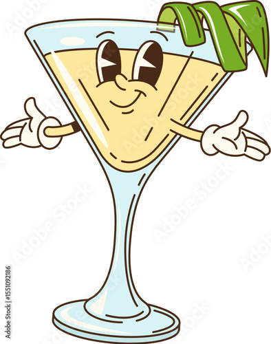 Groovy daiquiri cocktail glass cute character. Tropical cocktail glass with citrus juice, lime lemon peel spiral isolated vector personage. Daiquiri cocktail, bar alcohol drink groovy character