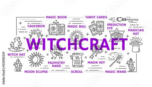 Witchcraft and magic icons. Mystery esoteric symbols. Witch cauldron, broom and hat, magic spell book, tarot cards, wizard wand, witchcraft ancient scroll and prediction eye outline icons or signs