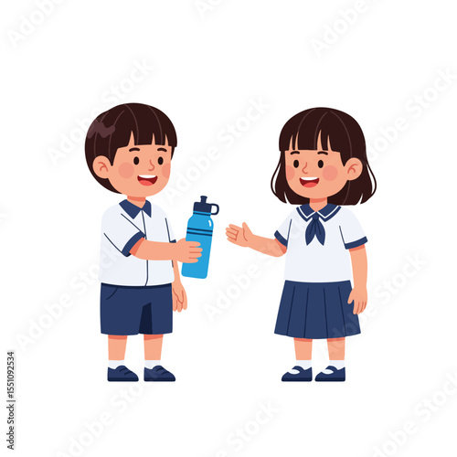 Sharing Water: A charming cartoon illustration depicts a boy sharing his water bottle with a girl, both dressed in school uniforms, radiating friendship and kindness.