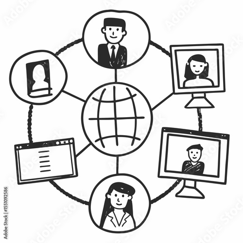 Global Collaboration Scene with Video Chat, Online Whiteboard, and Virtual Workflow Icons