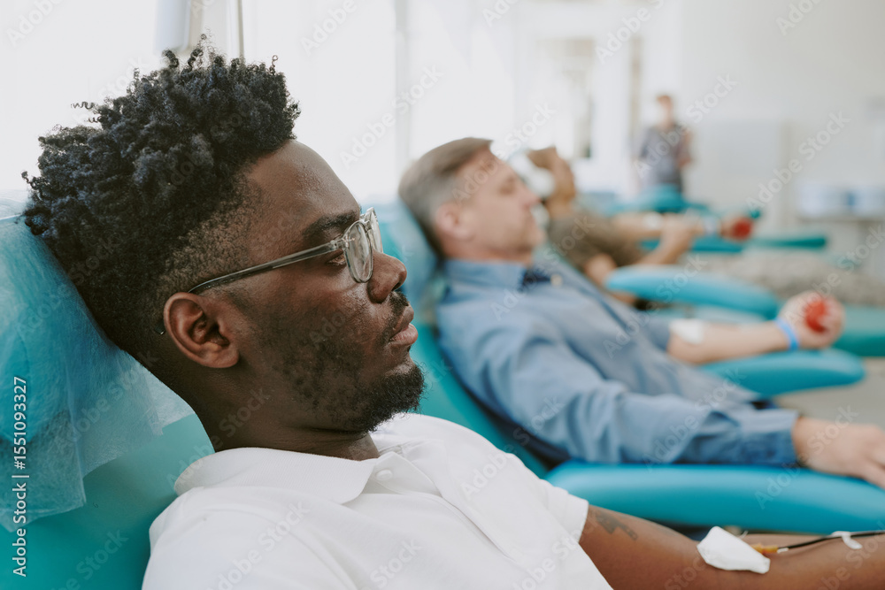 Obraz premium Young Black man donating blood in medical facility, sitting in reclining chair with needle in arm, middle aged Caucasian men donating blood in background, participating in blood donation