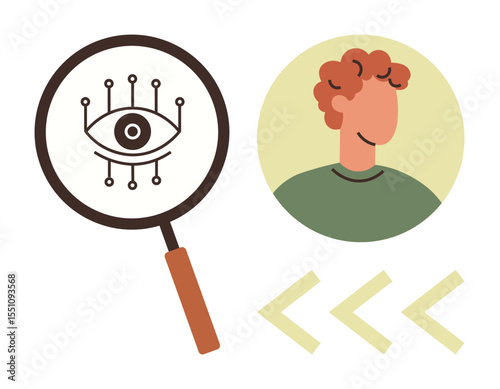 Magnifying glass with digital eye, person profile inside circle, and coding arrows. Ideal for AI, cyber security, data analysis, biometrics, innovation identity tech-human connection. Simple flat