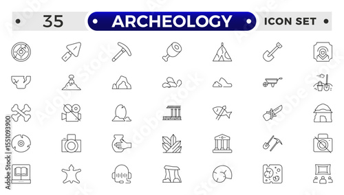 Archeology Outline icon set. Historical line icon. Contain linear symbols exhibition, antiquity, art, old, archaeologic, heritage and more. Antiques modern icon. Minimalist icons collection.