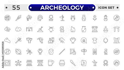 Archeology Outline icon set. Historical line icon. Contain linear symbols exhibition, antiquity, art, old, archaeologic, heritage and more. Antiques modern icon. Minimalist icons collection.