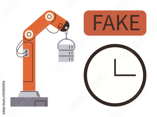Robotic arm holding weighted object alongside a bold FAKE sign and a clock motif. Ideal for automation, authenticity, time management, technology, counterfeiting, deadlines, productivity. A simple