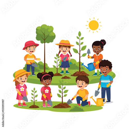 Happy Kids Planting Trees: Adorable diverse children joyfully plant young trees and saplings together, under a bright sun, fostering a sense of environmental responsibility and teamwork.