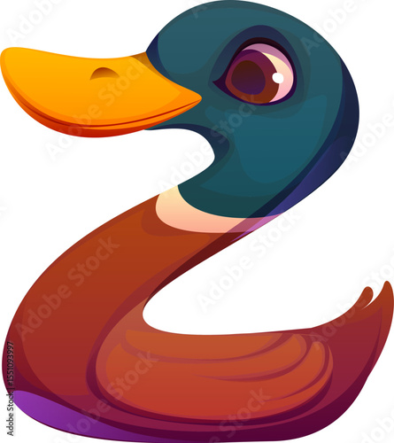 Letter z as cute cartoon duck, kids animal alphabet character. Vector funny bird or fowl zoo mascot font, children English typeface, friendly type, abc for children fun learning alphabet games