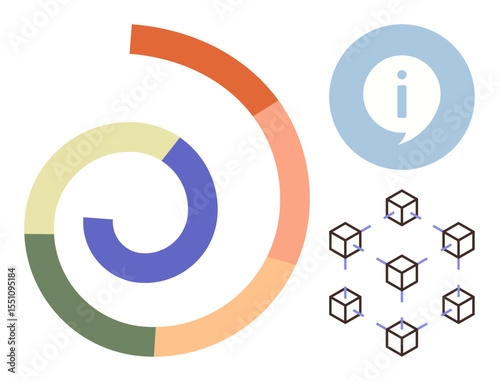 Semi-circular progress chart in gradient colors, speech bubble with i for information, and interconnected network of blockchain-style cubes. Ideal for technology, data, analytics, decentralization