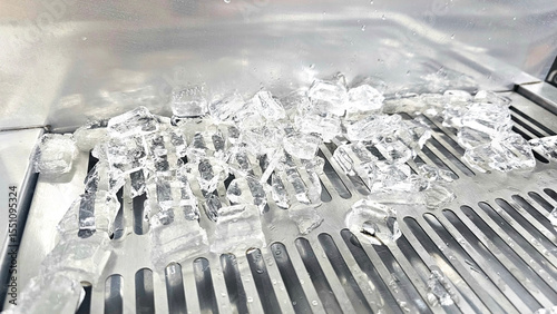 Ice Cubes on Grill: Crystal clear ice cubes rest on a stainless steel grill, ready for chilling drinks. Automatic Ice Dispenser. Ice maker