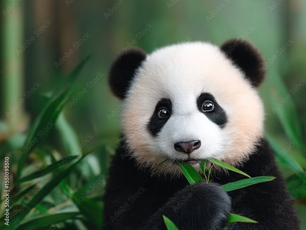 Obraz premium Cute panda joyfully munches on fresh bamboo in lush green forest, creating serene and adorable scene