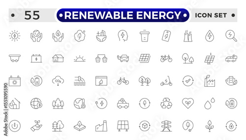 Renewable energy Outline icon set. Energy, efficiency, solar energy, green, sunlight, wind, and water outline icon collection. UI thin outline icon pack.