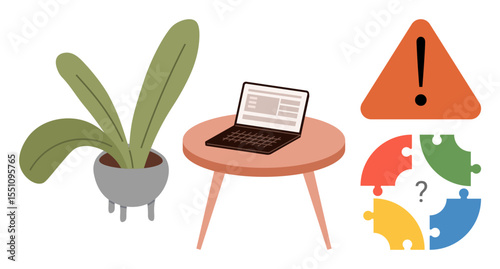 Laptop on wooden table next to plant in pot, red warning sign, and incomplete puzzle pieces with question mark. Ideal for creativity, problem-solving, mindfulness, strategy, caution, teamwork