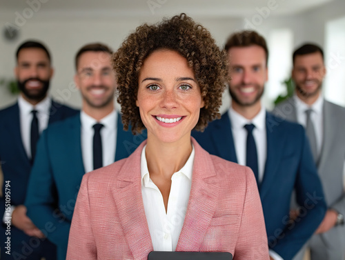 Confident and diverse business team smiles together in modern office setting, showcasing teamwork and professionalism