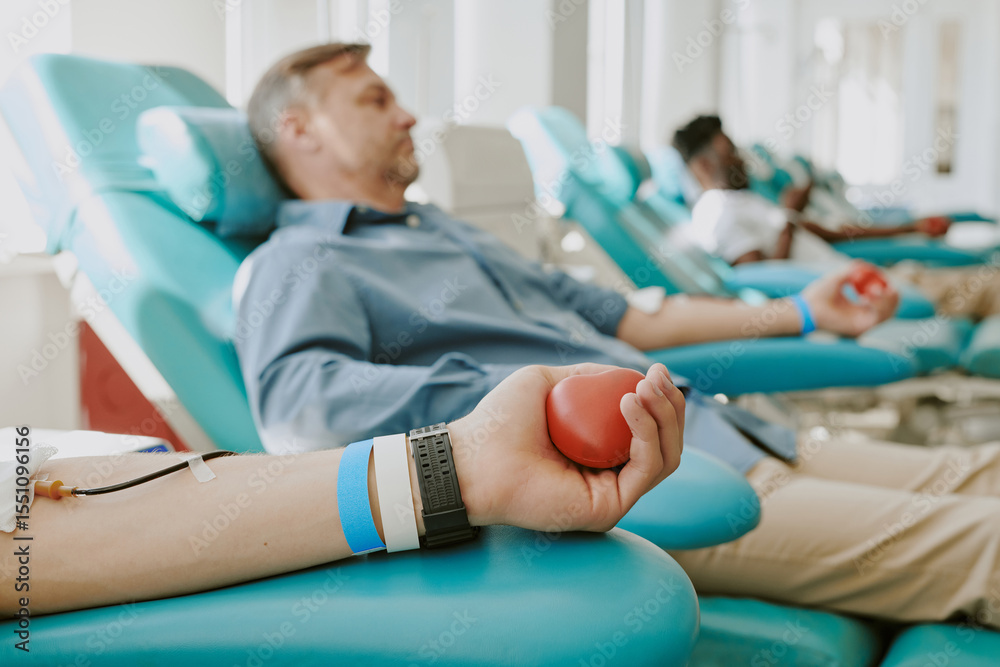 Obraz premium Caucasian middle aged man and Black young adult man donating blood in medical facility, closeup of Caucasian male hand squeezing red heart shaped stress ball during blood donation process