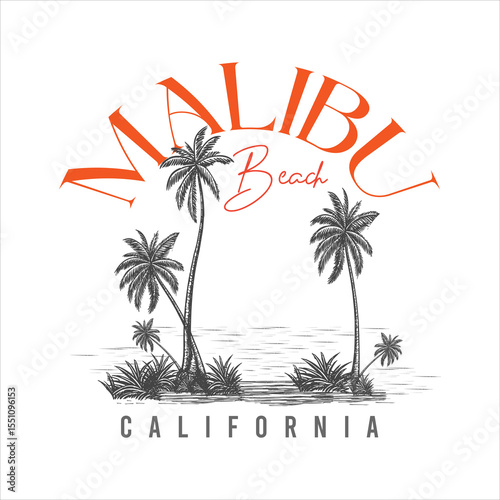 Malibu beach california summer time, Beach Paradise Print T-shirt Graphics Design, summer beach sunshine vector print design artwork, typography slogan on palm trees background