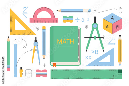 Math and Geometry Tools Flat Illustration with Mint Green Notebook