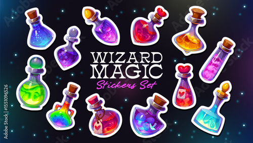 Magic love and health potion bottles, Halloween elixir stickers pack. Cartoon glass bottles, flasks and vials of witch potion or evil wizard elixir with magical mushroom, hearts and stars glitters