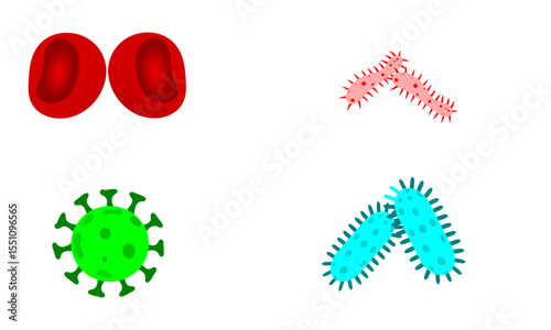 A collection of symbolic icons of different types of viruses with unique spiky shapes and red round blood cells, showcasing the variety of microorganisms in an illustrative and informative style.