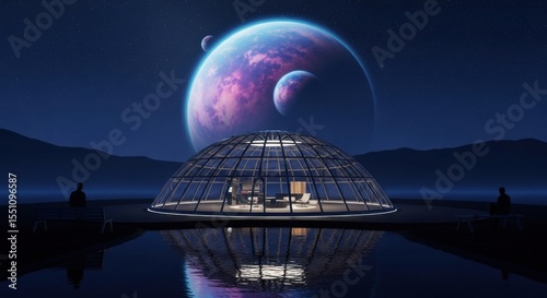 Futuristic Habitat on Exoplanet with Dome and Planetary View