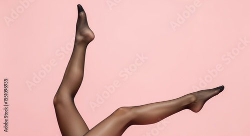 Studio shot featuring shapely legs in dark stockings, isolated on a pink background, ideal for hosiery and fashion concepts.