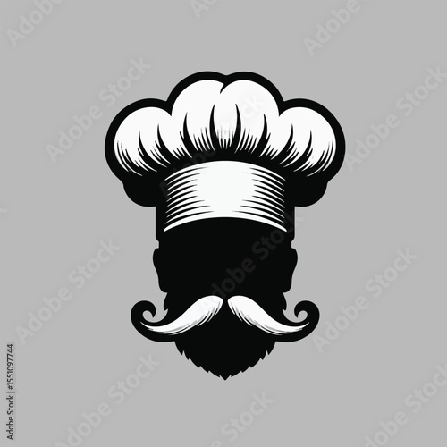 Chef Logo Icon – Bearded Man with Mustache and Chef Hat Vector