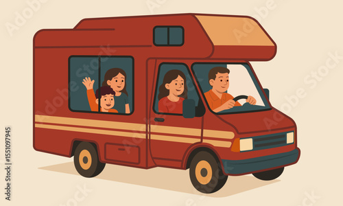 Flat vector illustration of a happy family traveling in a camper van. Parents and children enjoying a road trip together in a motorhome.