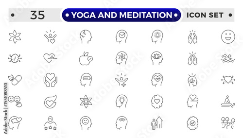 Yoga and meditation Outline icon set. Wellness icon set. Containing massage, yoga, spa, relaxation, health, exercise, diet, wellbeing, meditation, aromatherapy and more.