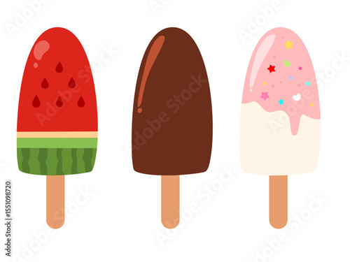 Popsicle set with many flavor and topping. Ice lolly cartoon. Watermelon, chocolate and strawberry. Food illustration. Can be used for wallpaper, print and sticker
