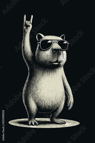 Funny capybara with sunglasses and rocker handsign vector illustration
