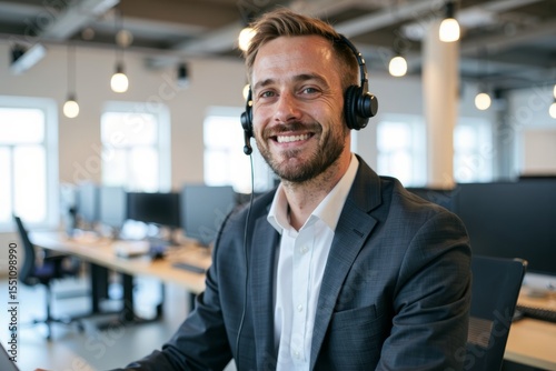 Image of an upbeat male customer service representative wearing a headset, multitasking in a call center while balancing on a stability board.