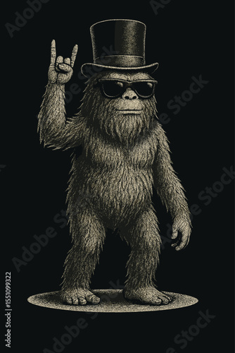 Funny Bigfoot sasquatch with sunglasses and rocker handsign vector illustration