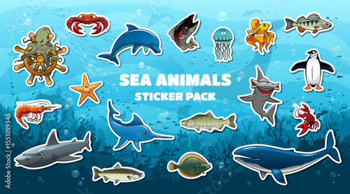 Cartoon sea animal stickers pack of cute whale, dolphin, shark and jellyfish. Vector coral reef underwater landscape with salmon and tuna fish, shrimp and crab, penguin and octopus sea animal stickers